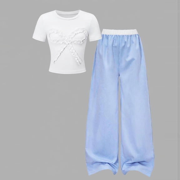 ITSAME Girls Outfit 2-Piece, Cute Bow Crewneck T-Shirt and Loose Pants Summer Casual Fashion Clothes Set Blue Size 12