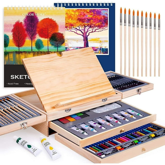 Set de arte profesional Juego de pintura de 85 piezas de lujo de madera para manualidades, kit de pintura de dibujo con caballete y 2 almohadillas de dibujo