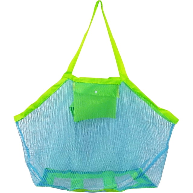 Bolsa de playa de malla grande 40 * 24 * 40 cm (correa verde de malla azul), bolsa de playa de juguete para niños, bolsa de viaje para piscina con cremallera, bolso de playa, zapatos de playa, toalla