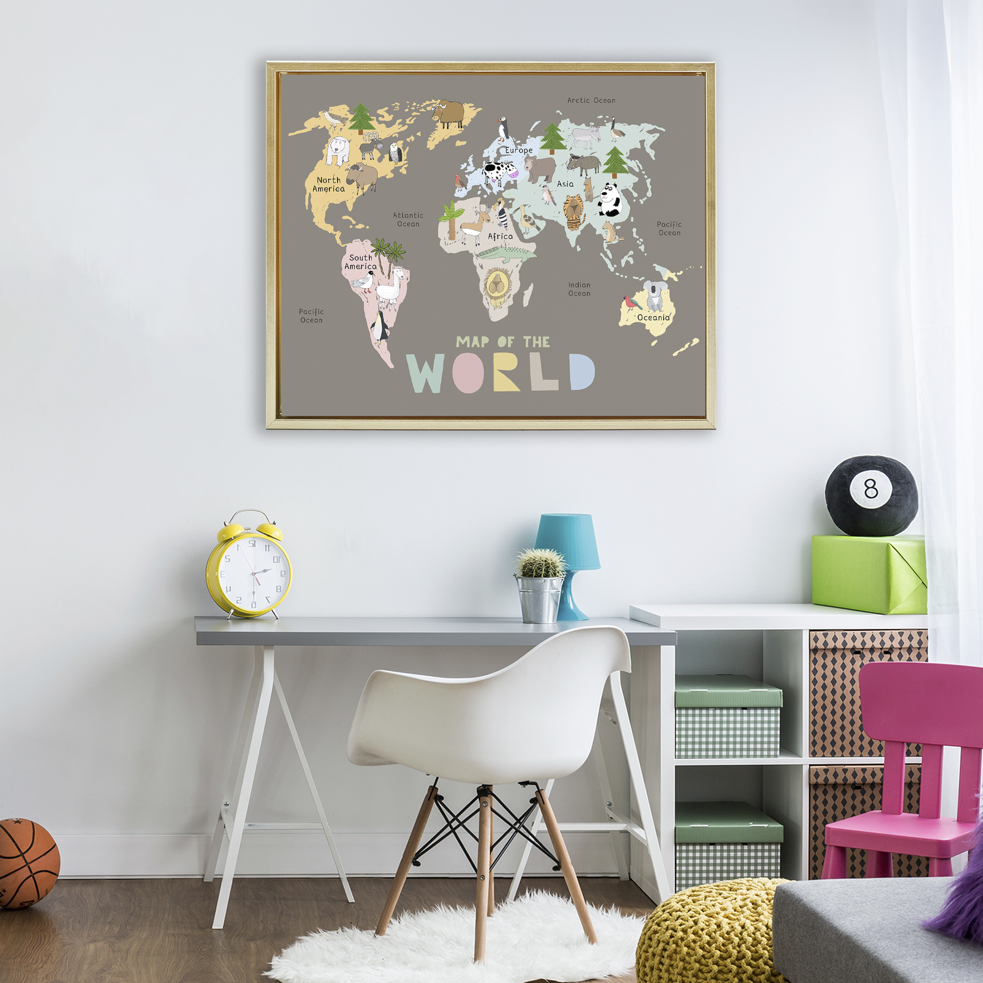 Kid's Map Of World Brown Gold Framed Floater Canvas Wall Art, design by Carla Daly