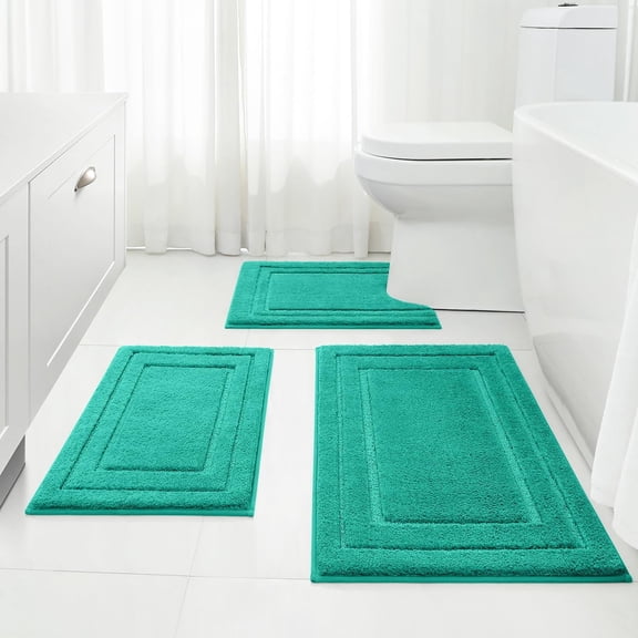 Bathroom Rugs Sets 3 Piece, Super Soft and Absorbent Non Slip Microfiber Toilet Bath Mat with U-Shaped (Teal)