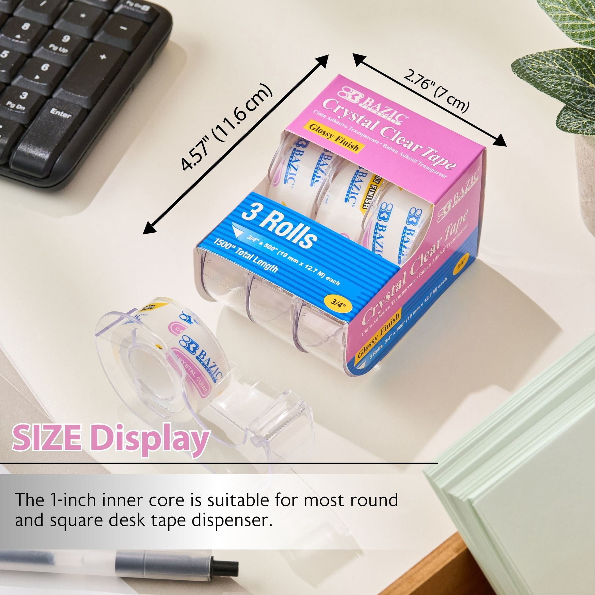 BAZIC Crystal Clear Tape w/ Dispenser 3/4" X 500", Glossy Finish, (3/Pack), 24-Pack