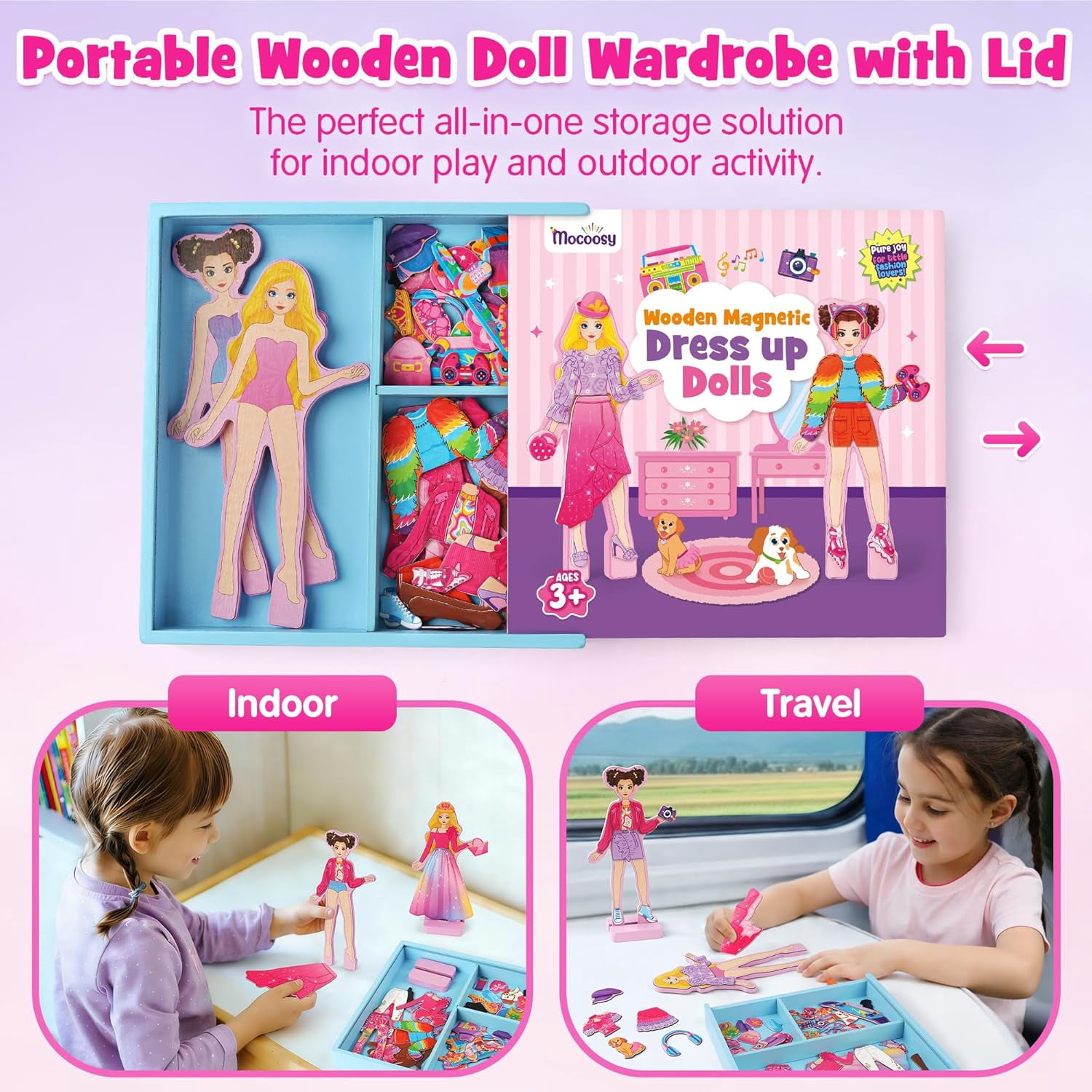 Mocoosy Wooden Magnetic Dress Up Dolls for Girls, 2 Magnet Dolls with Wood Case, Travel Game Airplane Car Road Trip Essential Toy On The Go Activity Set Easter Birthday Gift Girls 3 - 8 Year Old