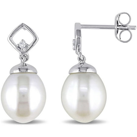 Miabella 8-8.5mm White Cultured Freshwater Pearl and Diamond-Accent 10kt White Gold Drop Earrings