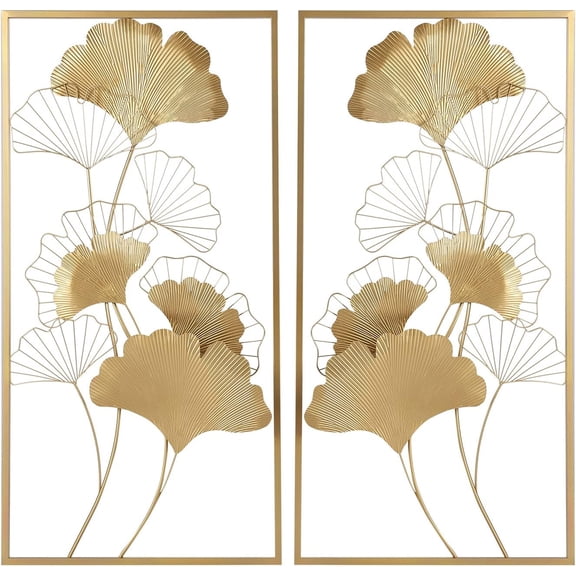 ZAWAYINE Home Metal Wall Decors, 39"X 20" Golden Ginkgo Leaves Metal Wall Decor with Frame, Gold Metal Art Wall Sculpture for Living Room, Bedroom, Office, Study, Large