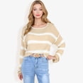thumbnail image 5 of Women's Long Sleeve Striped Sweater With Crew Neck, Cropped Fit- Medium, Beige, 5 of 6