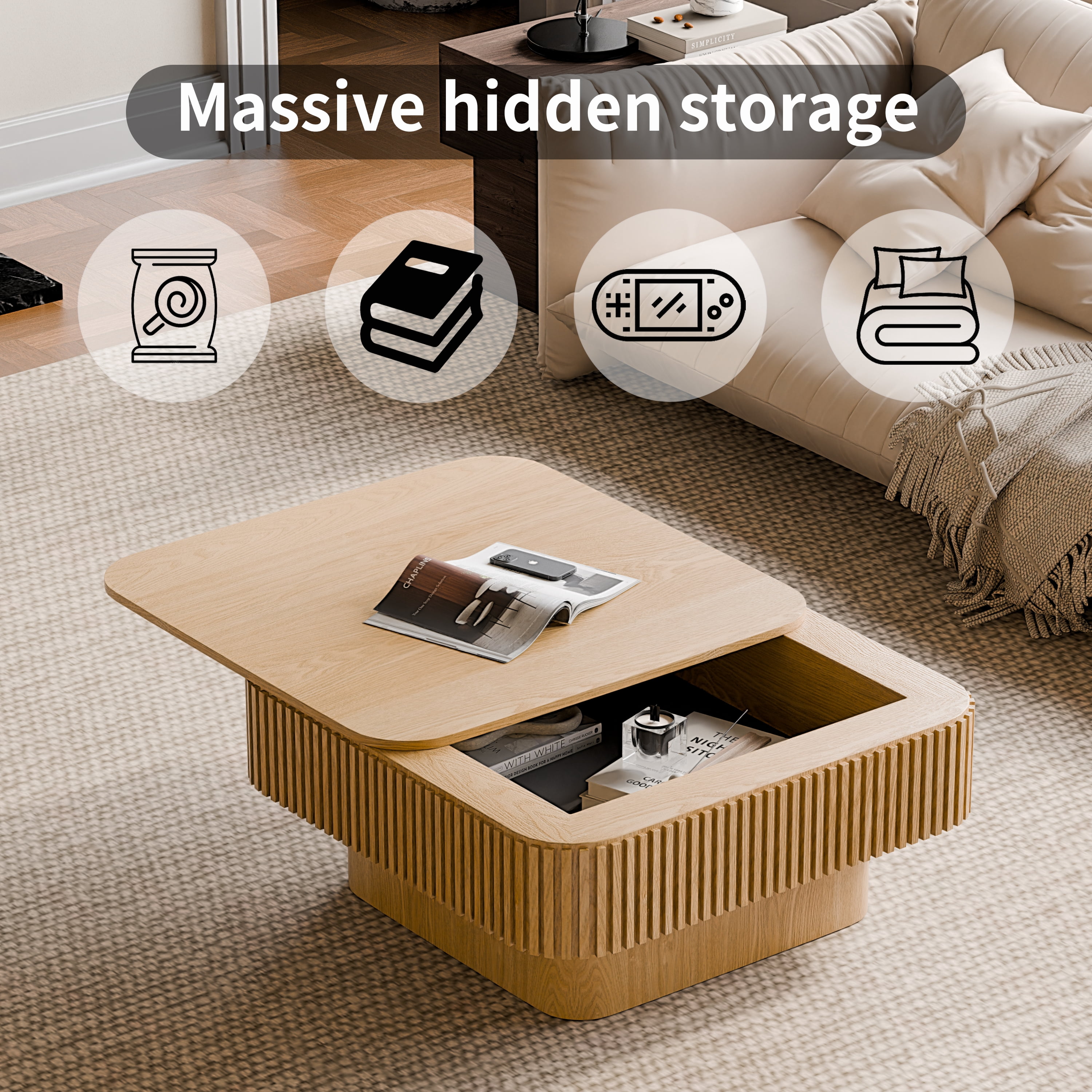 Homy Casa 31.5 in Sliding Top Coffee Table with Hidden Storage, Rounded Square Table, Natural Oak