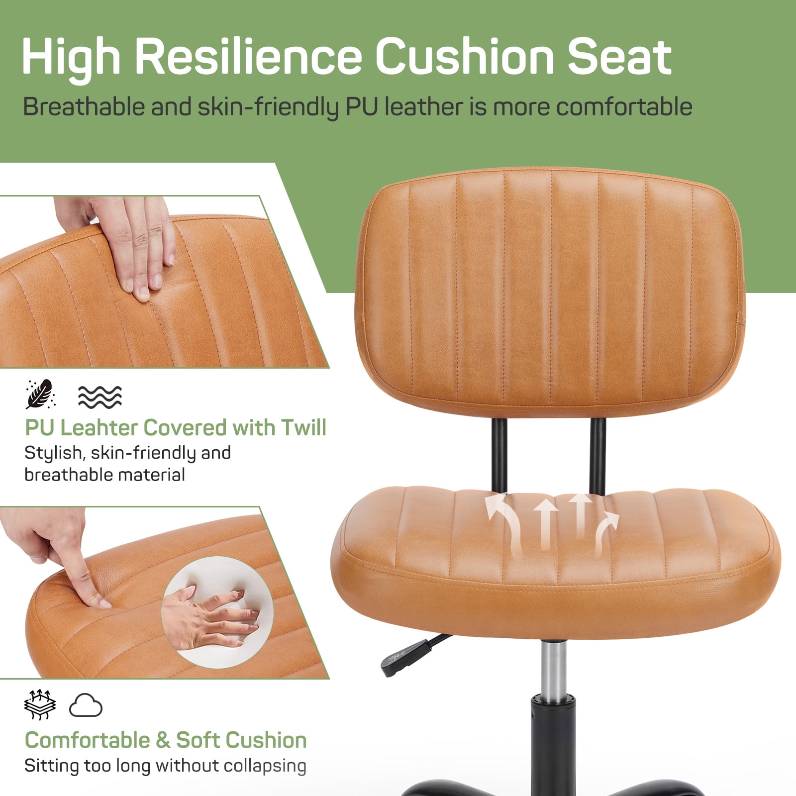 Aidoly Office Desk Chair, Armless Computer Chair with Lumbar Support, PU Leather Low Back Adjustable Height 360° Rolling Swivel Task Chair, Orange