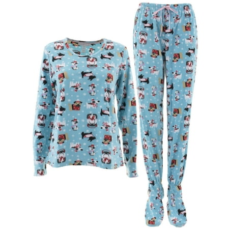 Pillow Talk Women's Winter Dogs Blue Fleece Footed Pajamas