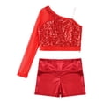 thumbnail image 3 of iiniim Kids Girls Jazz Hip Hop Dance Sequins Mesh Long Sleeve One Shoulder Dance Top with Shorts Red 6, 3 of 7