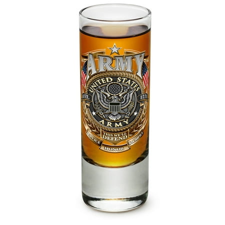 Shot Glasses – Armed Forces Gifts for Men or Women – Army Men American Soldier Shot Glasses – Army Gold Shield Glass Shot Glasses with Logo - Set of 4 (2 Oz)