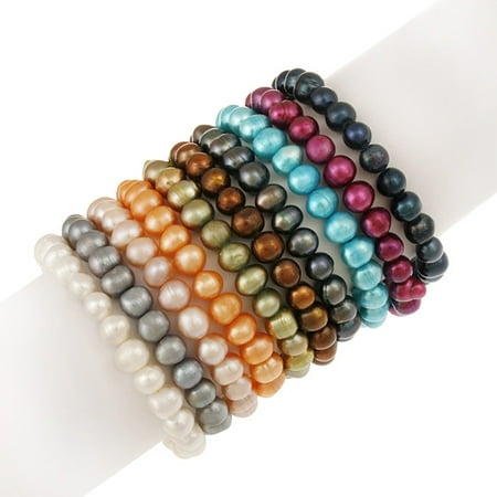 8mm x 6mm Genuine Freshwater Cultured Multi-Color Pearl Stretch Bracelets, Set of 10