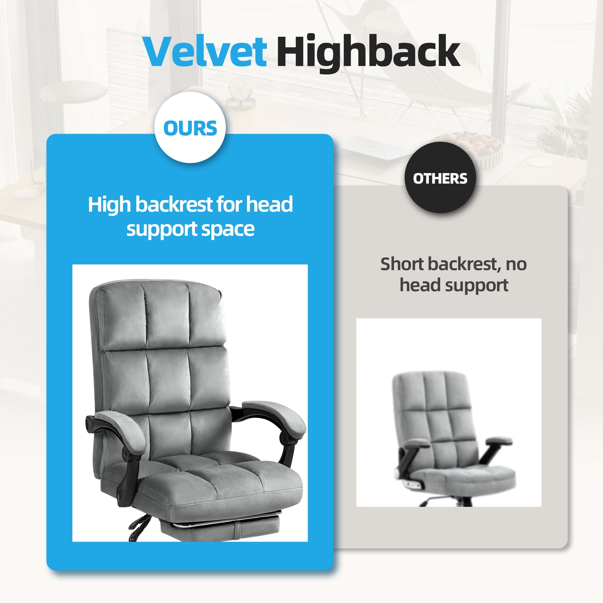 Homhum Velvet Executive Chair, Ergonomic Office Chair with Footrest, Gray