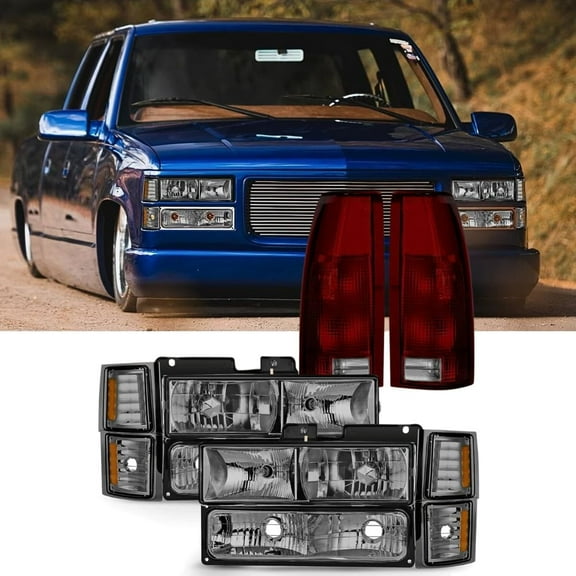 Nilight Headlight and Taillight Assembly Combo Compatible with 1994 1995 1996 1997 1998 Chevy Silverado Tahoe Suburban C10 C/K 1500 2500 3500 Tail Light Chrome Housing Amber Reflector Smoke Lens