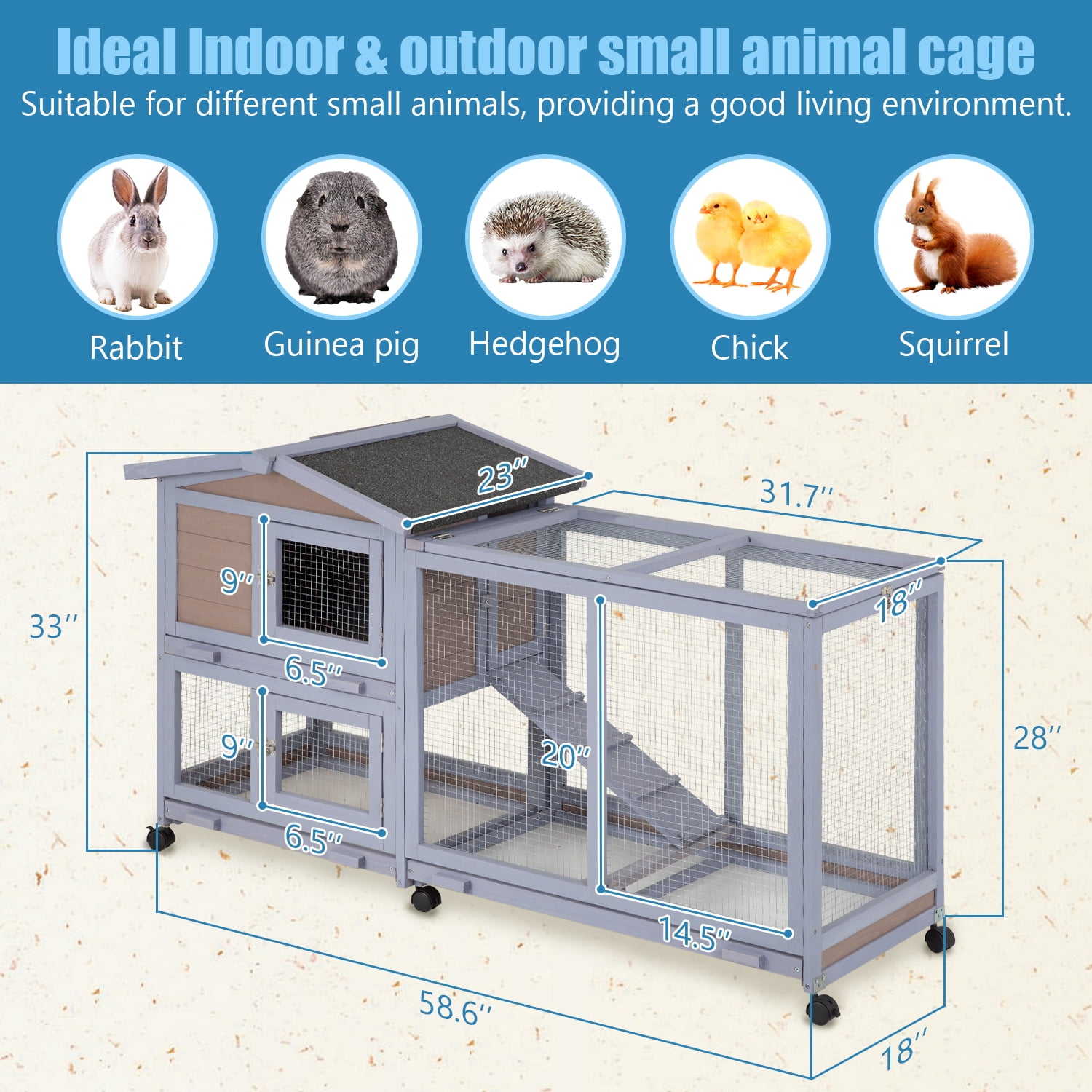 NiamVelo Wood Rabbit Hutch Indoor&Outdoor Bunny Cage with Wheels &Waterproof Roof for  Small Animals, Grey