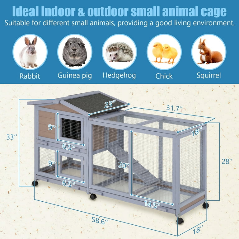 NiamVelo Wood Rabbit Hutch Indoor Outdoor Bunny Cage with Wheels Waterproof Roof for Small Animals Grey