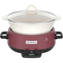 MAGNIFIQUE Small 5 Quart Round Casserole Programmable Slow Cooker with Glazed Ceramic Liner, Food Warmer Perfect Kitchen Small Appliance for Family Dinners, Red