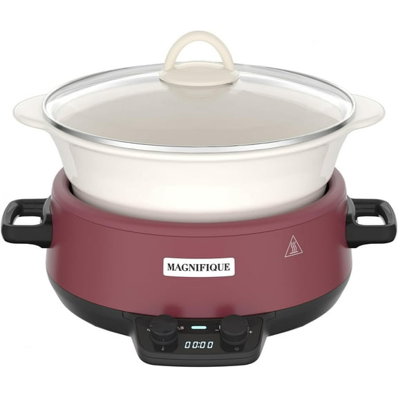 MAGNIFIQUE Small 5 Quart Round Casserole Programmable Slow Cooker with Glazed Ceramic Liner, Food Warmer Perfect Kitchen Small Appliance for Family Dinners, Red