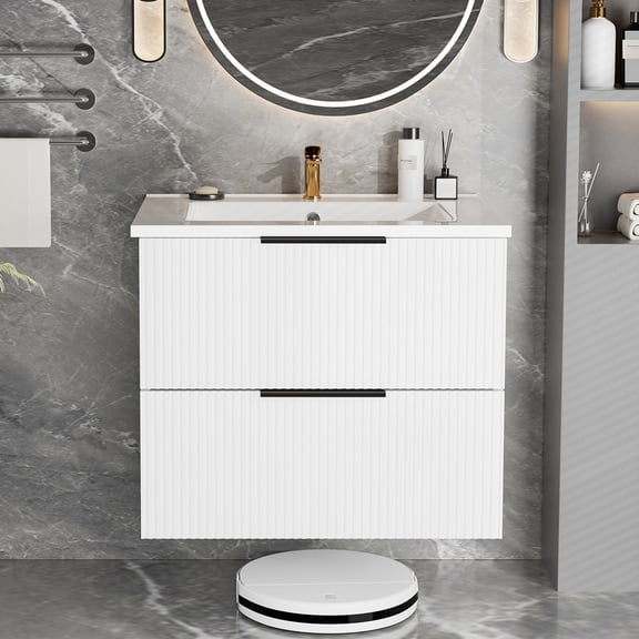 24 Inch Bathroom Vanity Cabinet With Ceramic Sink - White Wall Mounted Floating Fluted Vanity With Drawers, Modern