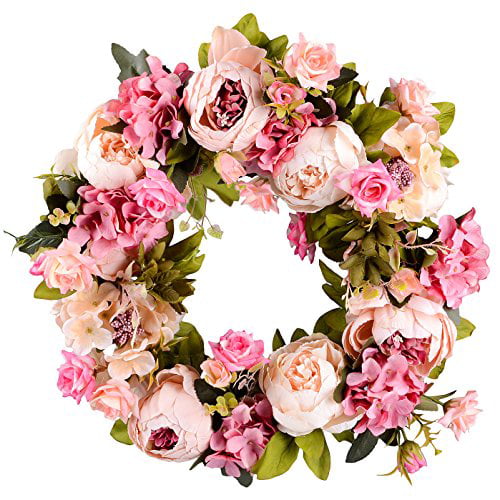 Flower Wreath Peony Four Seasons Front Door Wreath with Peony and Green Leaves Artificial Flowers for Farmhouse Office Home Wedding Pink
