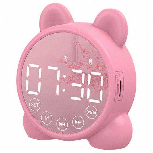 Children's Bluetooth Alarm Clock with Mirror Display and Sleep Trainer Functionality Pink Digital Timer for Bedside Use