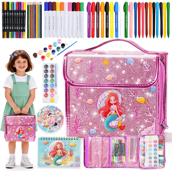 Aijohnny Mermaid Art Set,Washable Scented Markers Kit with Stickers,Glitter Pencil Case,Glitter Pens & Crayons,Birthday Gifts for 3-5 8-12 Year Old