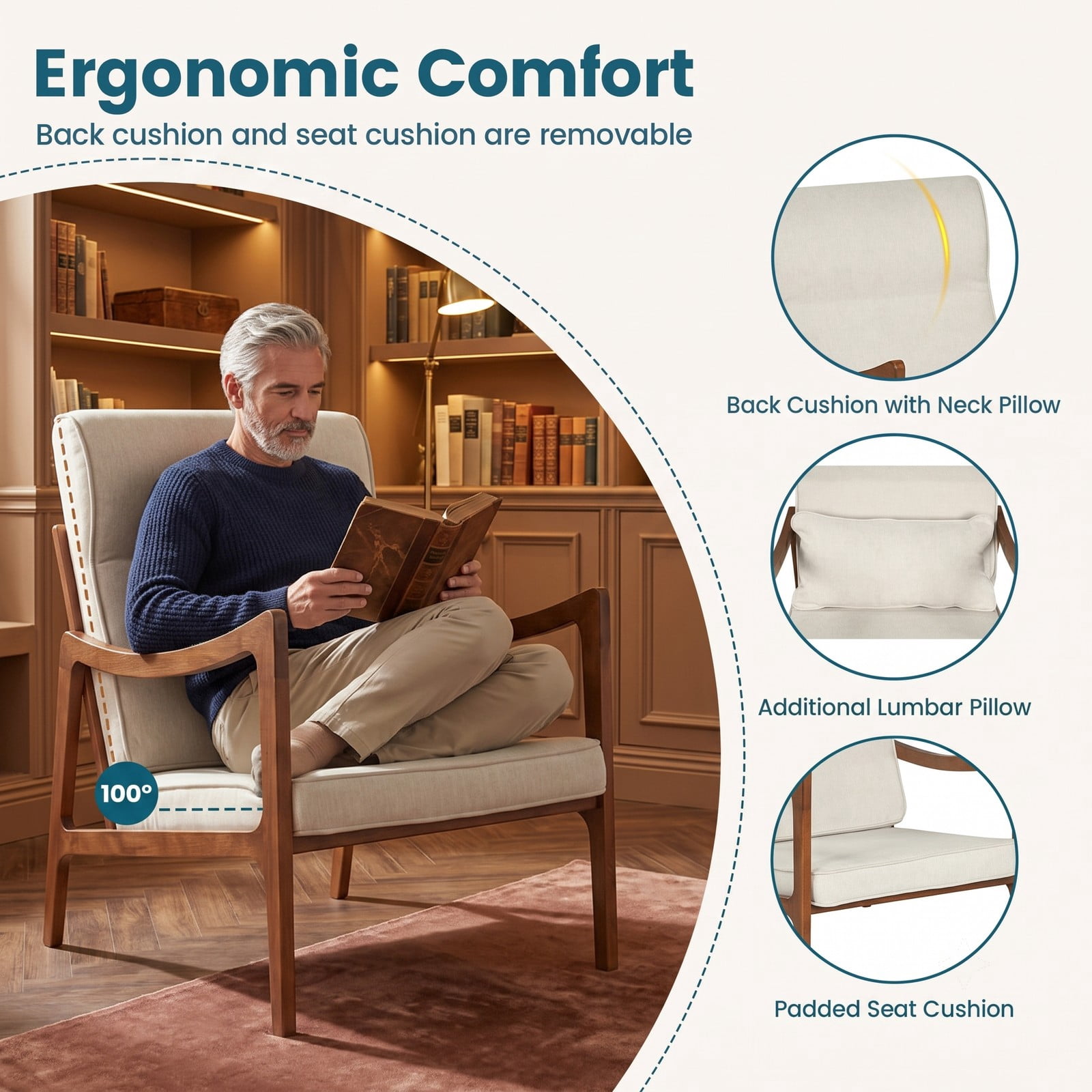 Furnibear Modern Accent Chair, Rubber Wood Faux Leather Upholstered Armchair with Removable Back Cushion, Lumbar Pillow & Padded Seat, Living Room Reading Side, White