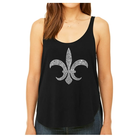 LA Pop Art Women's Premium Word Art Flowy Tank Top - FLEUR DE LIS - POPULAR LOUISIANA CITIES