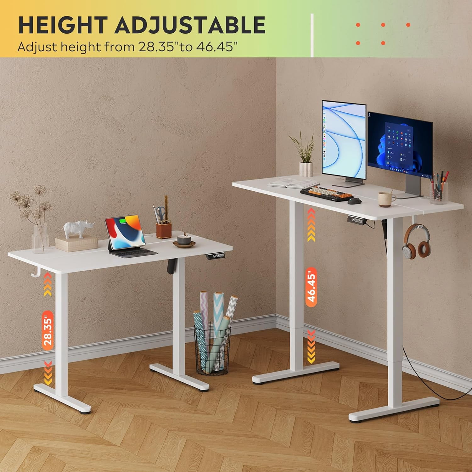 MorandiMal 48 Inch Electric Standing Desk, 3 Adjustable Height Stand up Desk for Home Office, Ergonomic Sit to Stand Desk with LED Touchscreen，Headphone Hook, 3 Memory Preset Computer Desk (White)