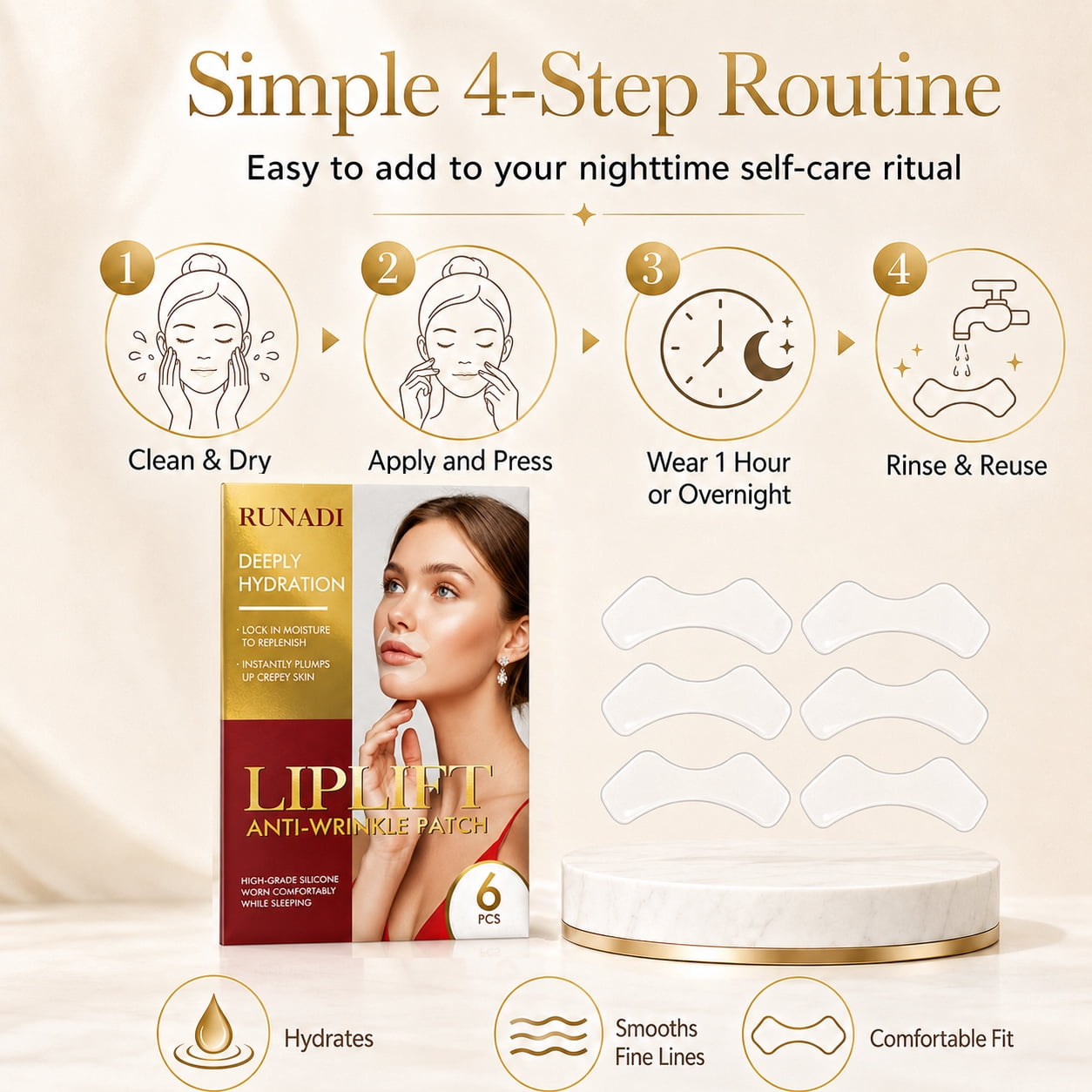 RUNADI Anti Wrinkle Patches for Lip and Smile Lines Care, Silicone Lip Wrinkle Patches for Smooth Crepey Skin Around Mouth, Reusable Wrinkle Patches for Face Overnight Support, 6 Pcs