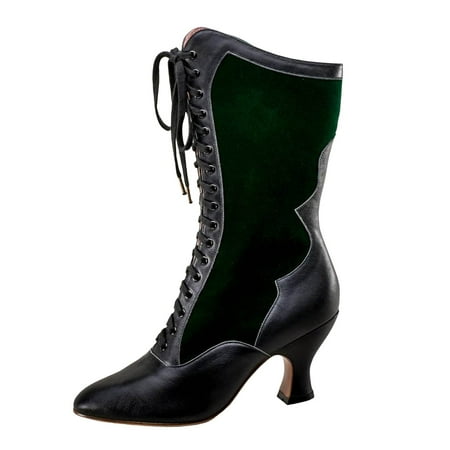 DVKOVI Summer Shoes for Women Mid Calf Cowgirl Boots Vintage Block Heel Green Lace Up Women s Fashion Boots with Cute Cat Motif for Autumn and Winter Booties for Women Low Heel Green 35