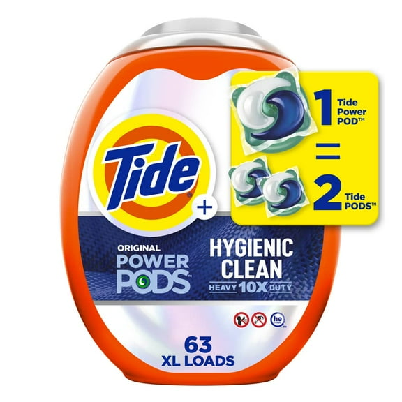 Tide Hygienic Clean Heavy 10X Duty Power Pods Laundry Detergent Pacs Original 63 Count For Visible And Invisible Dirt