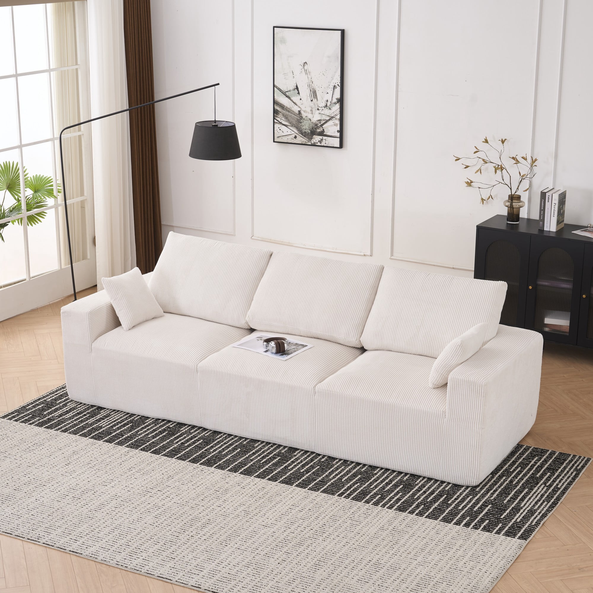 113" Modern Compression Sofa ,3-Seat Upholstered Sofa Couch,Extra-Wide Seat Cushion with Wood Frame for Living Room Bedroom,Beige