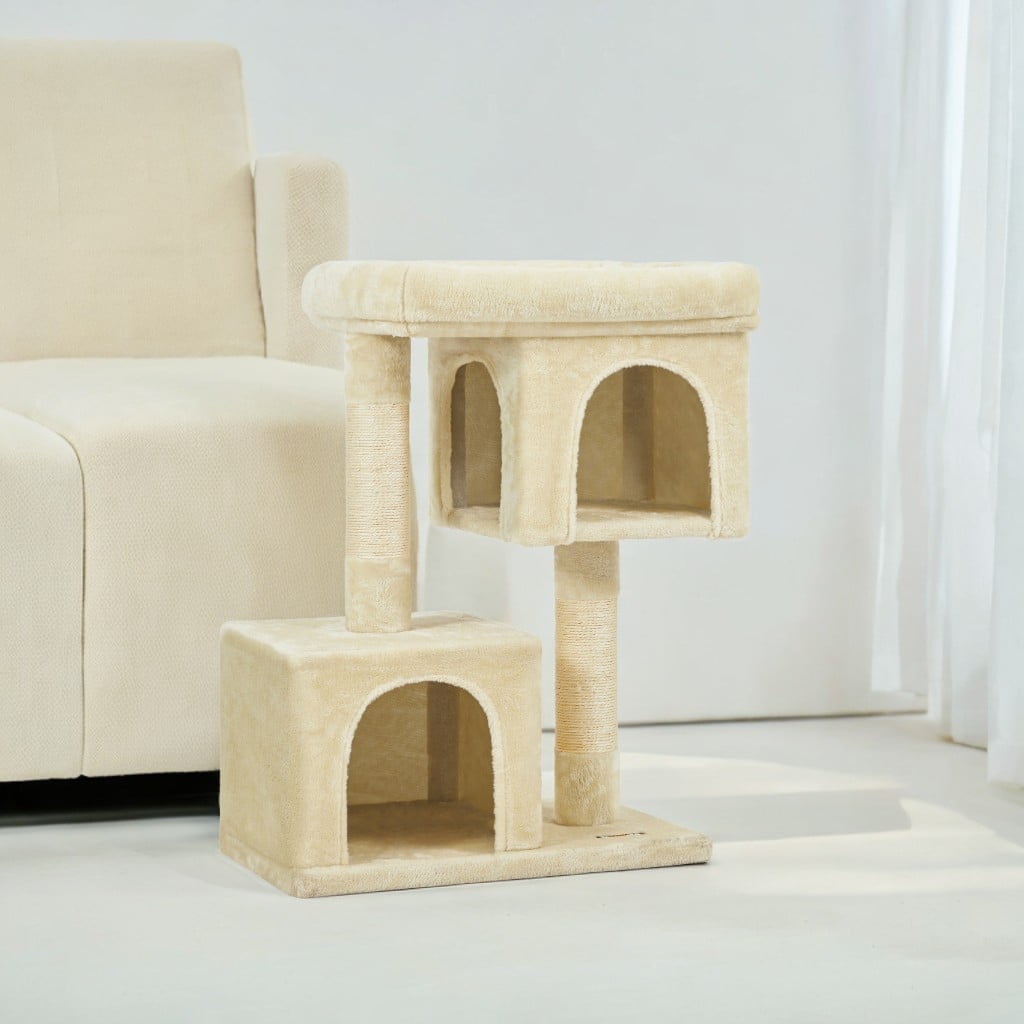 Cat Tree 33.1-Inch Cat Tower Cat Condo for Large Cats up to 16 lb Large Cat Perch 2 Cat Caves Scratching Post Cat Houses for Indoor Cats Beige