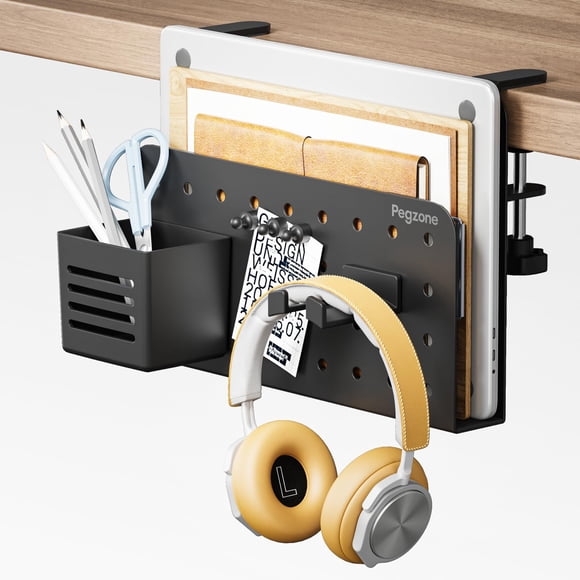 PEGZONE Desk Side Storage Organizer, No Drill Under Desk Laptop Holder, Clamp on Desks Shelf with Pegboard Accessories, Hanging Laptop Mount, Fits Fl