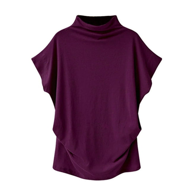 Femmes Col Roulé Manches Courtes Coton Solide Casual Chemisier Haut T-shirt Grande Taille pour Femmes