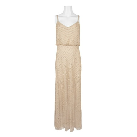 Adrianna Papell Spaghetti Strap V-Neck Blouson Zipper Back Embellished Mesh Dress-CHAMPAGNE / 6