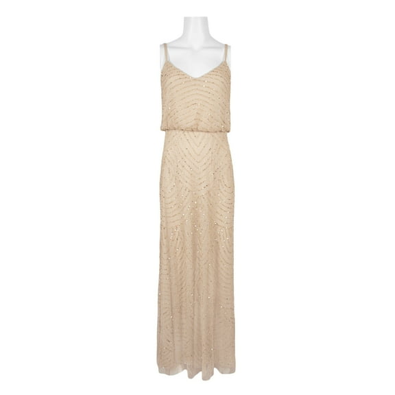 Adrianna Papell Spaghetti Strap V-Neck Blouson Zipper Back Embellished Mesh Dress-CHAMPAGNE / 0