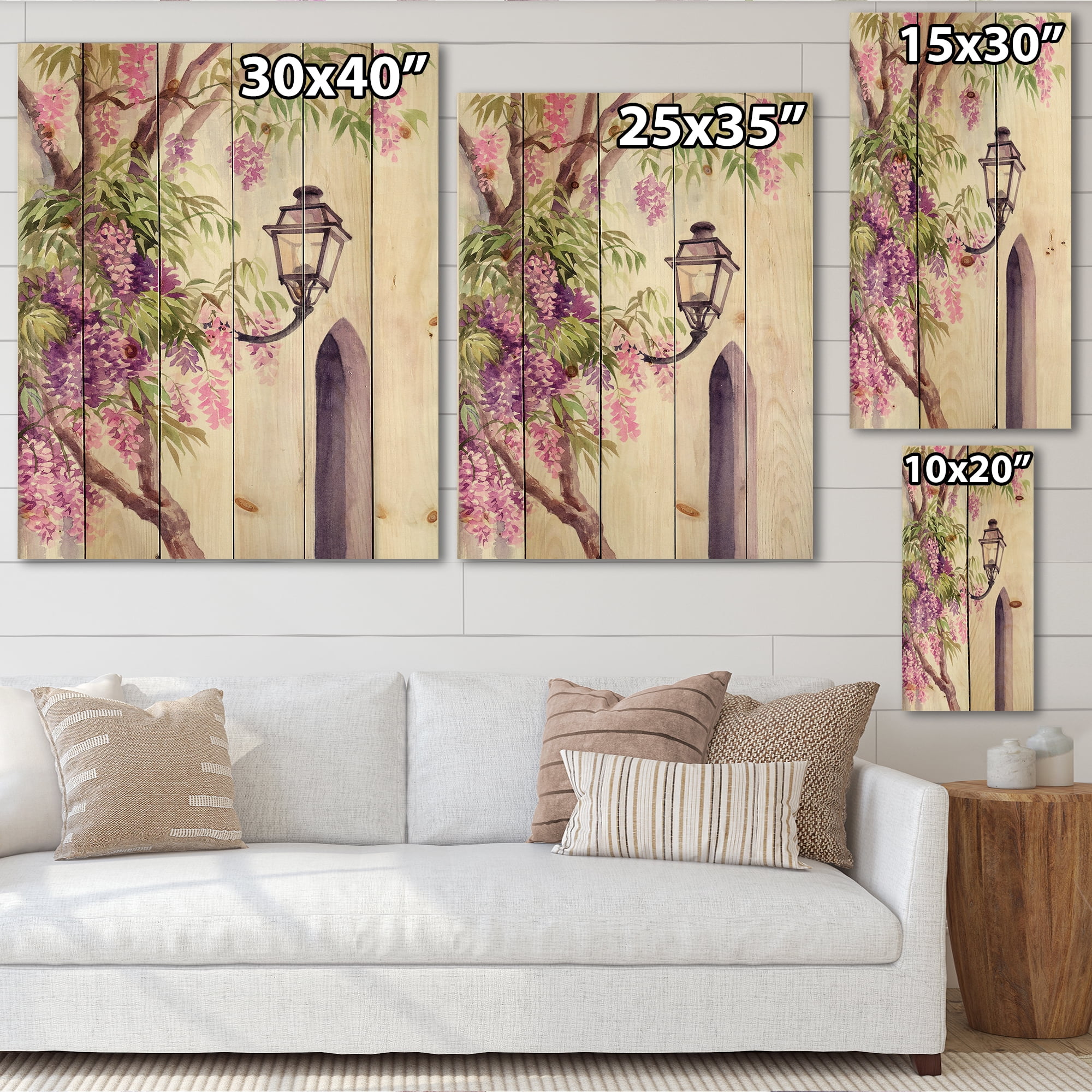 Designart 'Lantern and Wisteria' Traditional Print on Natural Pine Wood