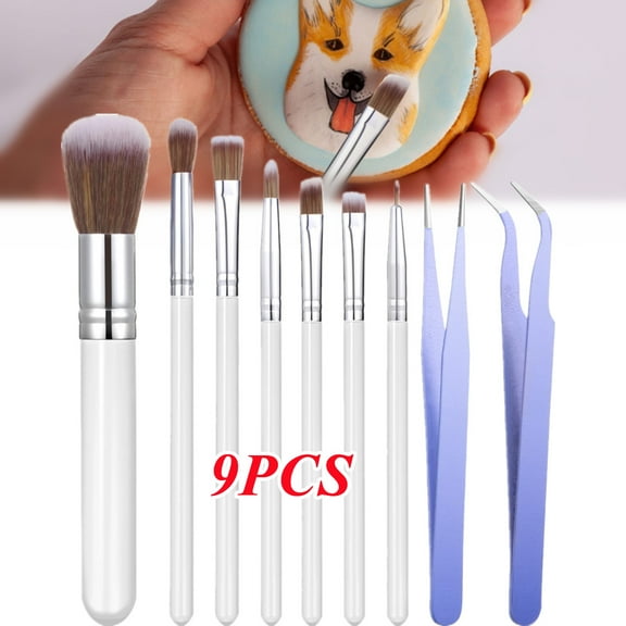 9 Pcs Food Paint Brushes Pastry Brush, Cake Candy Decorating Brushes, Baking Fondant Cookie Decoration Brush Tools with Stainless Steel Straight Curved Tip Tweezers