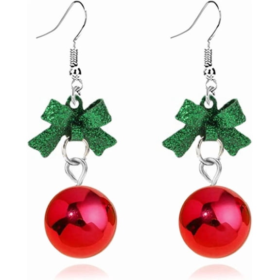 Red Green Christmas Earrings for Women, Long Dangle Chain with Bow Jingle Bell Snowflake Holiday Party Jewelry