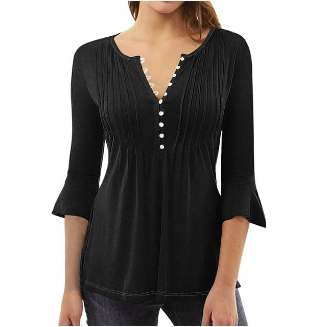 Timegard Womens Summer Tops Flare 3/4 Sleeve Notched V-Neck Button Ruched Shirt Dressy Casual Tunic Tops