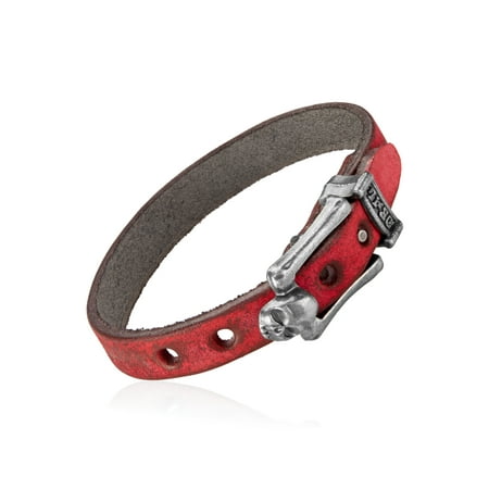 Men's Red Leather Skull Buckle Bracelet (10mm) - 8"