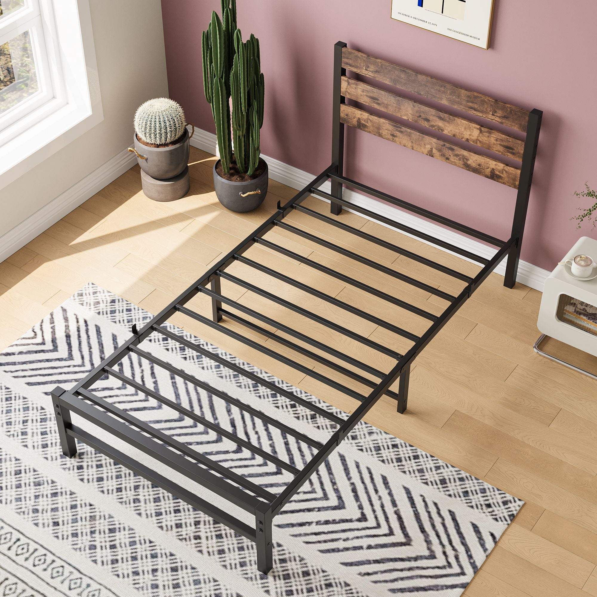 Aukfa Twin Size Platform Bed, Metal Bed Frame with Wood Headboard, Rustic Brown