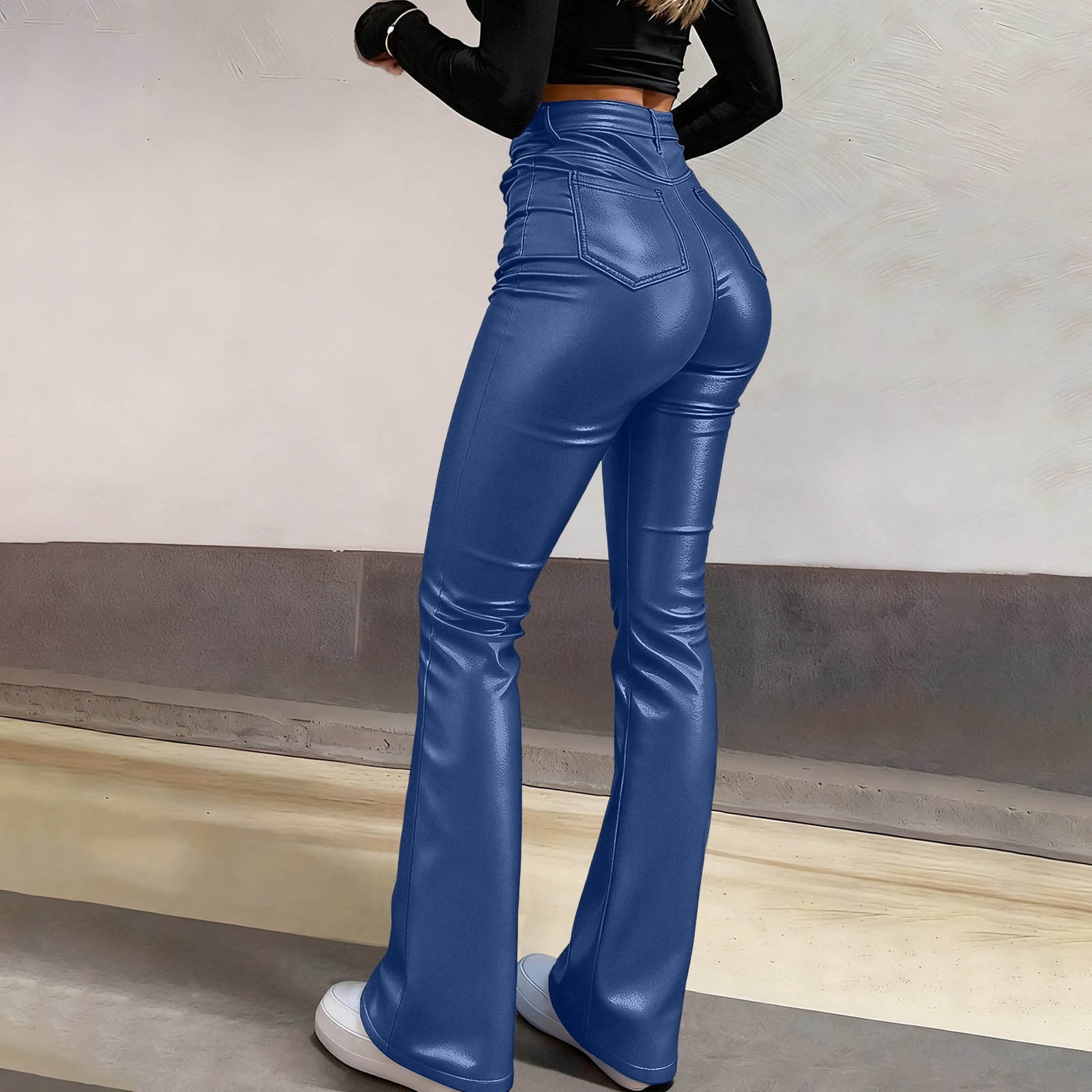 2026 Women Faux Leather Pants PU High Waist Straight Leg Pant with Pockets Fashion Flare Pants Trendy Streetwear
