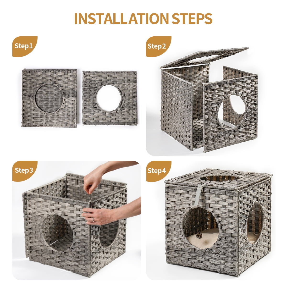 Canddidliike Rattan Cube Cat Bed with Rattan Ball and Mats in Grey Canddidliike Rattan Cube Cat Bed with Rattan Ball and Mats in Grey