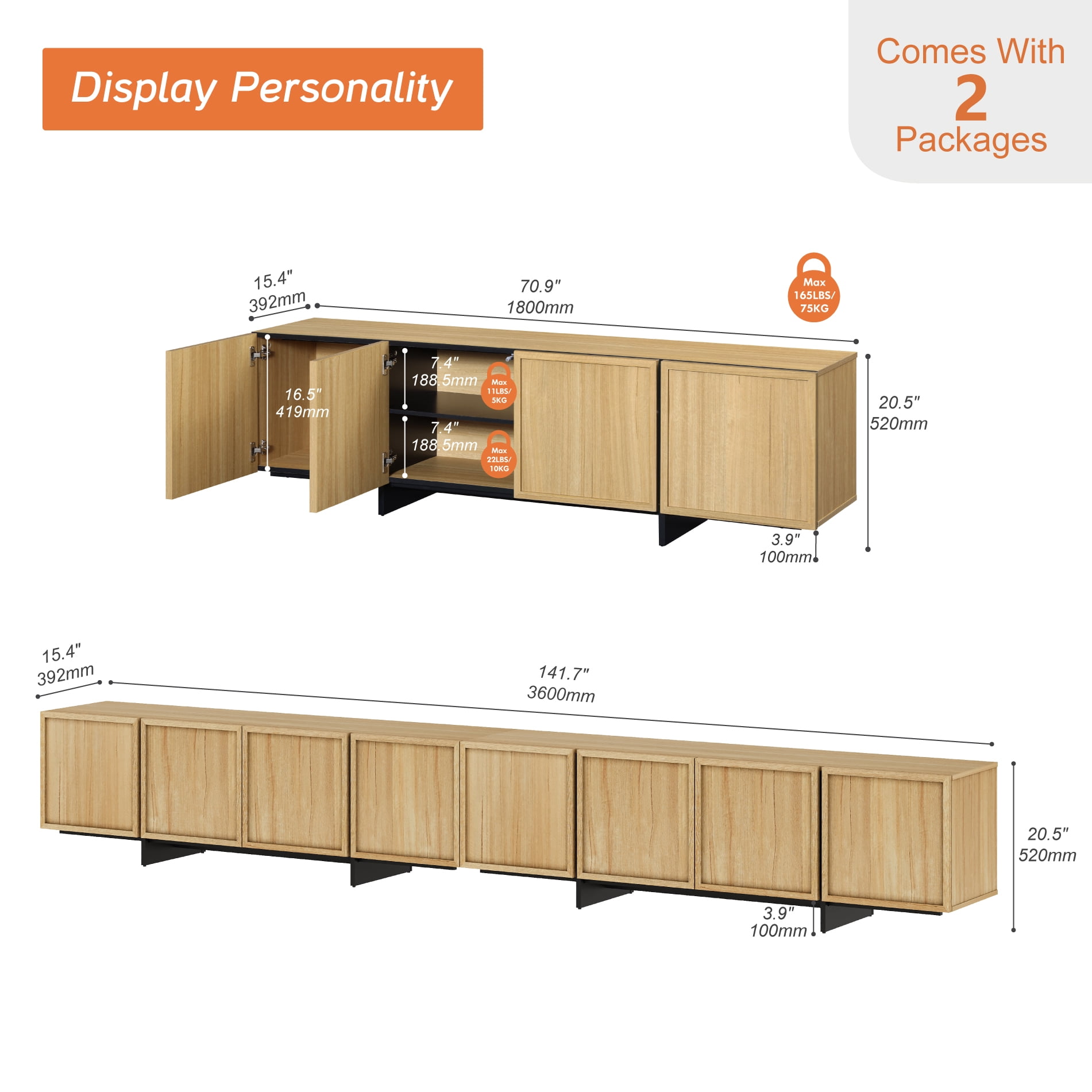 WAMPAT Modern TV Stand for 32-110 inch TVs, Wood Entertainment Center with Storage Cabinets, Media TV Console Table for Living Room, Oak
