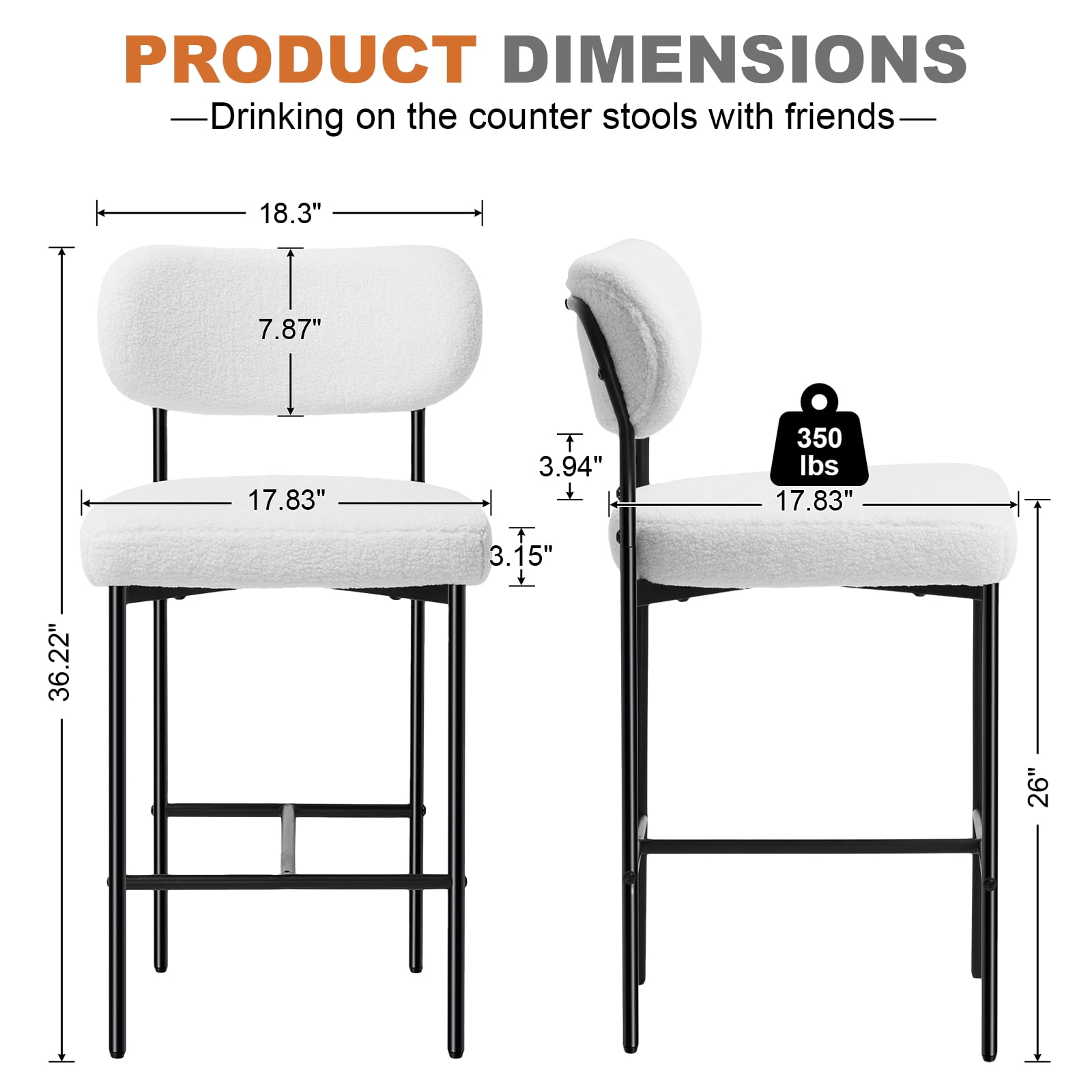 Hommpa Bar Stools Set of 4 with Back & Footrest 26" Counter Height Barstools Boucle Bar Chairs Modern Pub Chairs White Plush for Kitchen Island Bistro Coffee Shop Mid Back