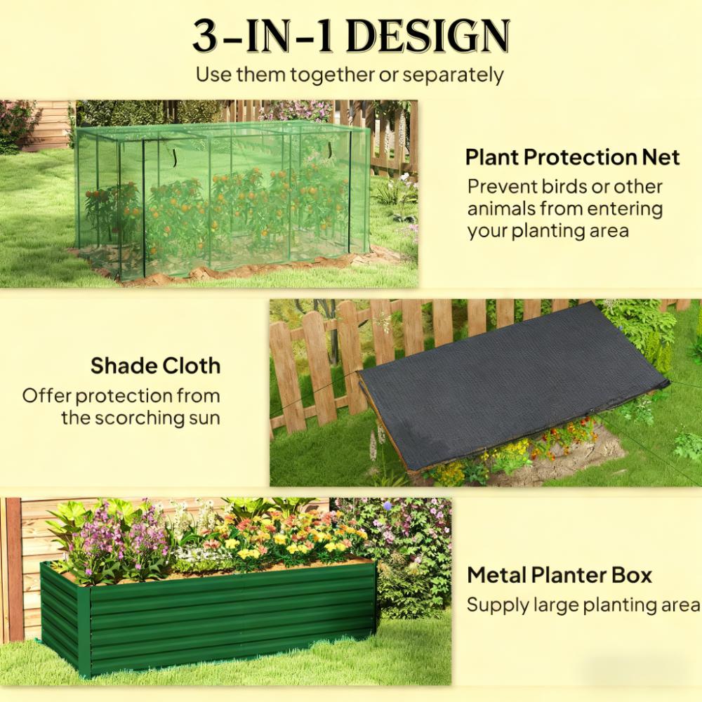 Crop Cage and Shade Cloth with Raised Garden Bed, Galvanized Steel Planter Box