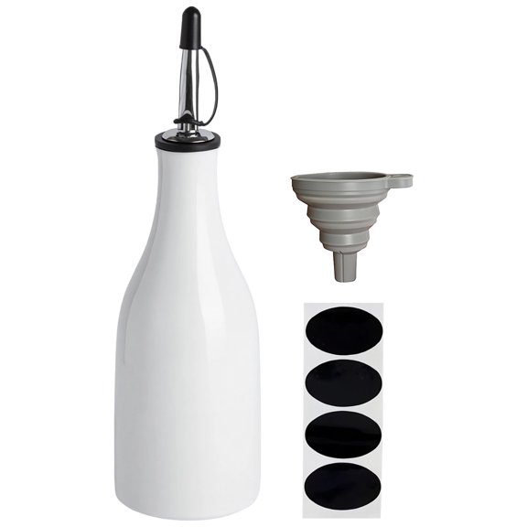 Ceramic Oil Dispenser Bottle, 10.1 fl oz / 300 ml Matte White Olive Oil Cruet with Funnel, Kitchen Oil Bottle, Leakproof Soy Sauce Vinegar Dispenser with Labels